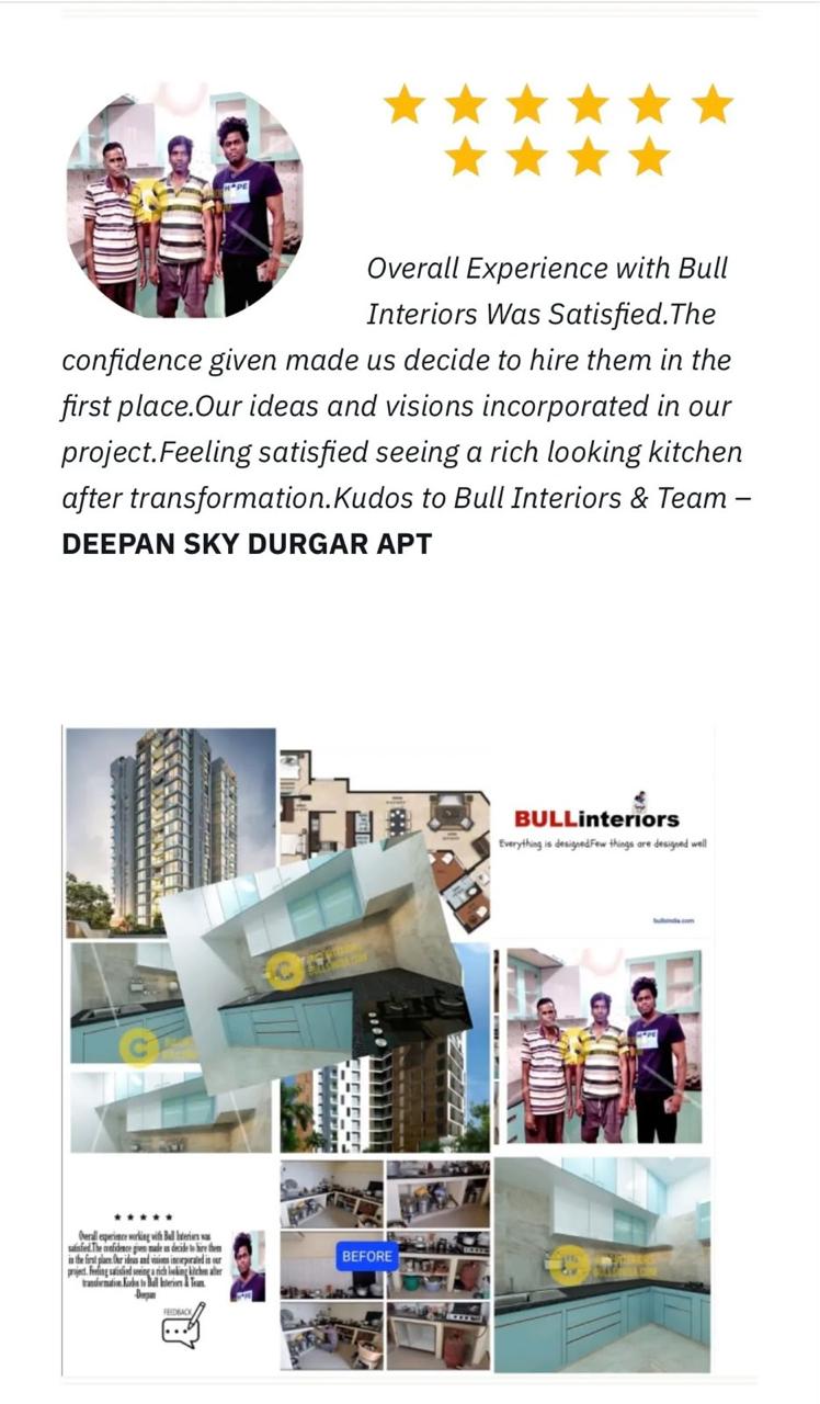Deepan Sky Durgar Apartments testimonial with a transformed turquoise kitchen and client photo.
