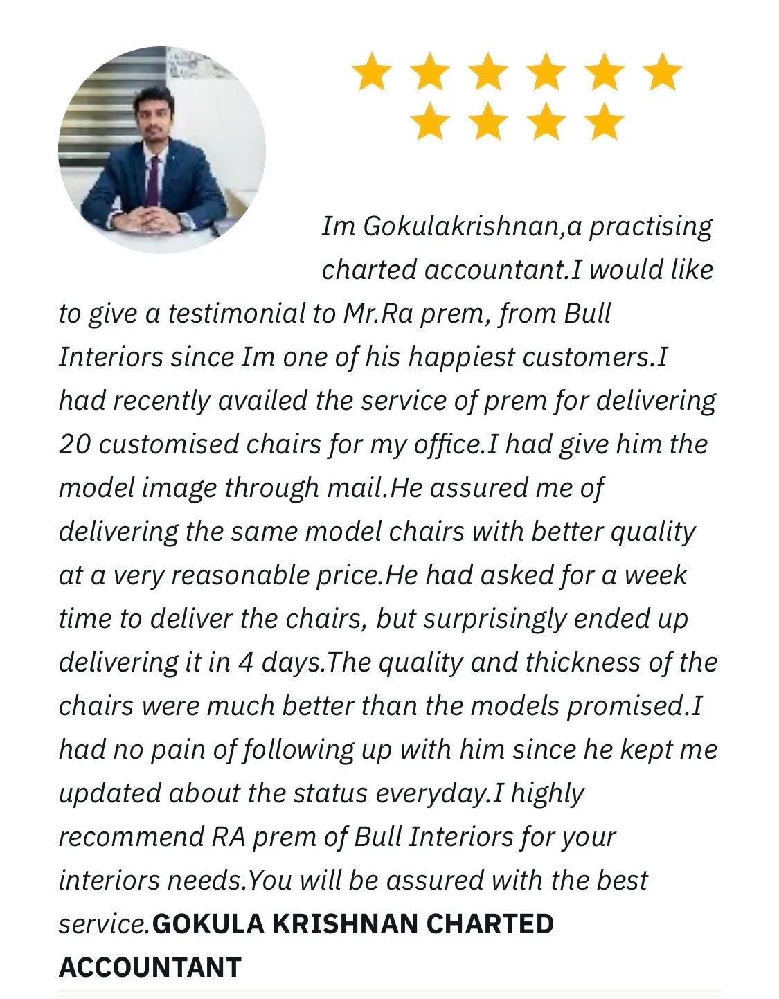 Gokulakrishnan, practising chartered accountant, testimonial creative.