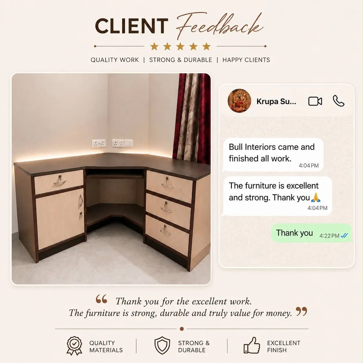 Krupa S. client feedback creative showing the finished corner desk and WhatsApp review.