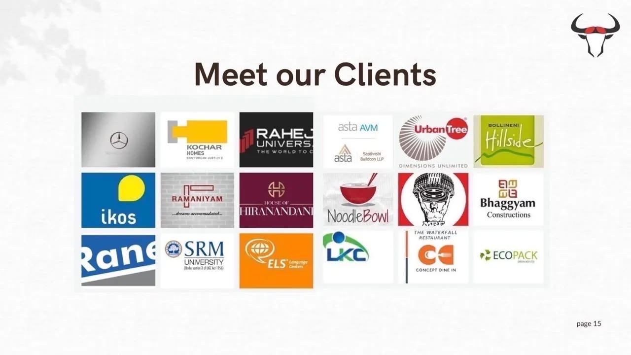 Meet our Clients graphic showing 16 client logos.