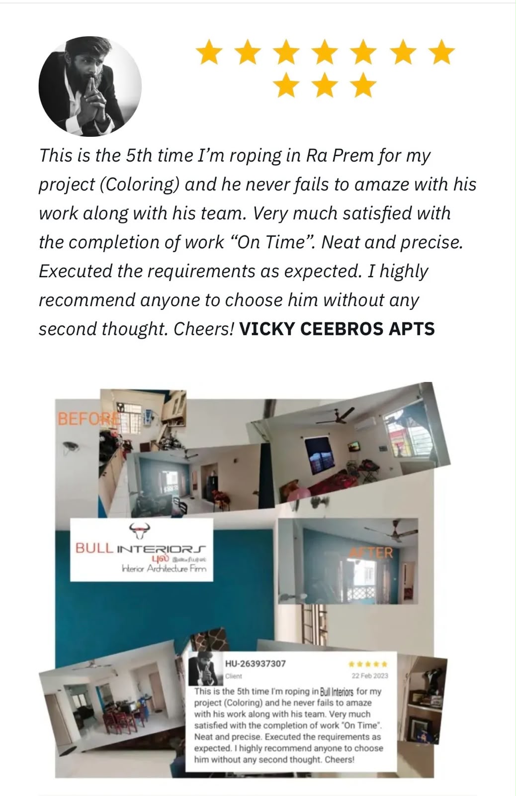 Vicky Ceebros Apts testimonial with before-and-after interior photographs.