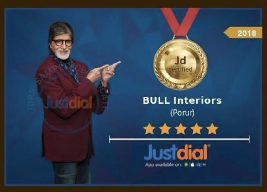 2018 JustDial award certificate for Bull Interiors, shown in full